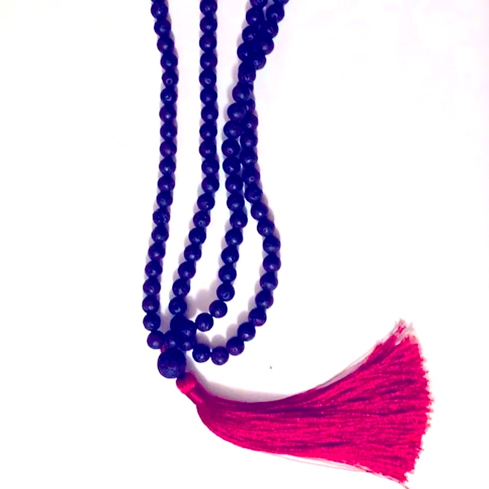 MALA Necklace Calming Lava Rock Red Silk Tassel Aries Taurus Scorpio Cancer